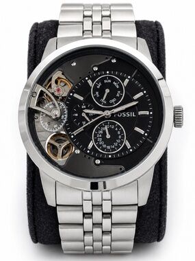 Fossil Skeleton Dial Watch Stainless Steel Mens 7.5” Wrist Open Heart